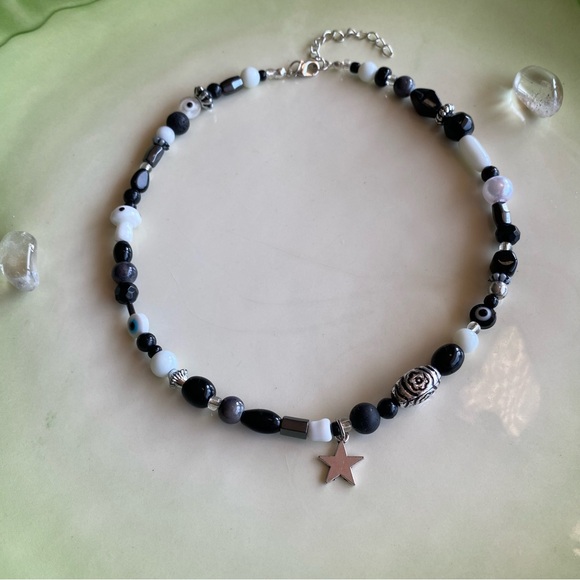 Stardust Black & White Beaded Necklace Evil Eye Silver Star Pendant Lava Stone - Picture 3 of 8